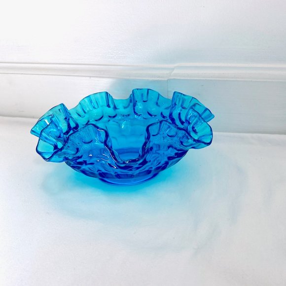 FENTON TURQUOISE GLASS RUFFLE EDGE CREST BOWL BRIDES BOWL (9") - Picture 4 of 9